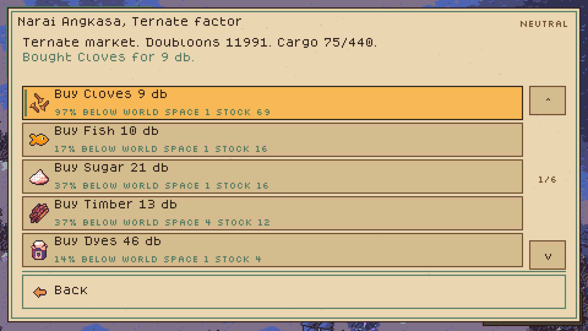 The trading interface at Ternate shows goods, prices, cargo space, and local supply.