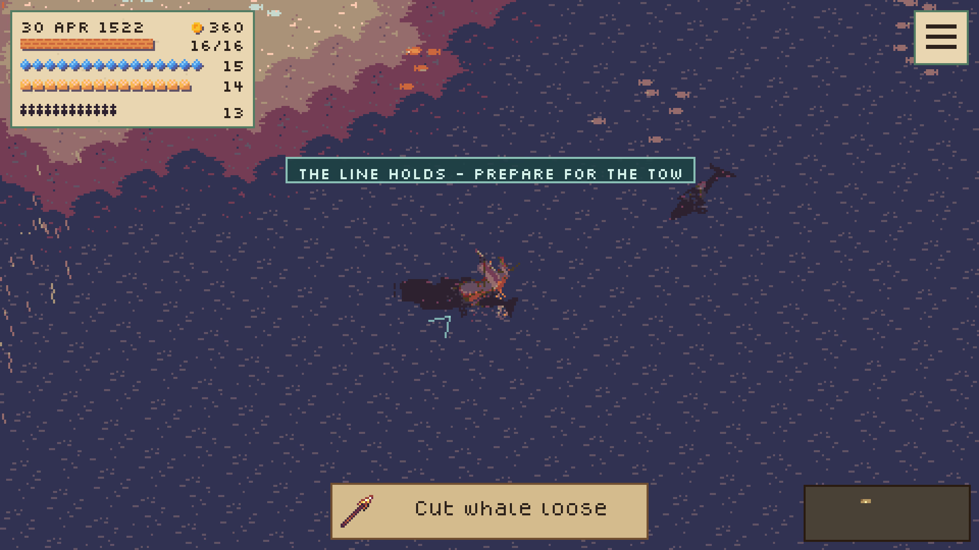 A ship is pulled through dark water by a harpooned whale.