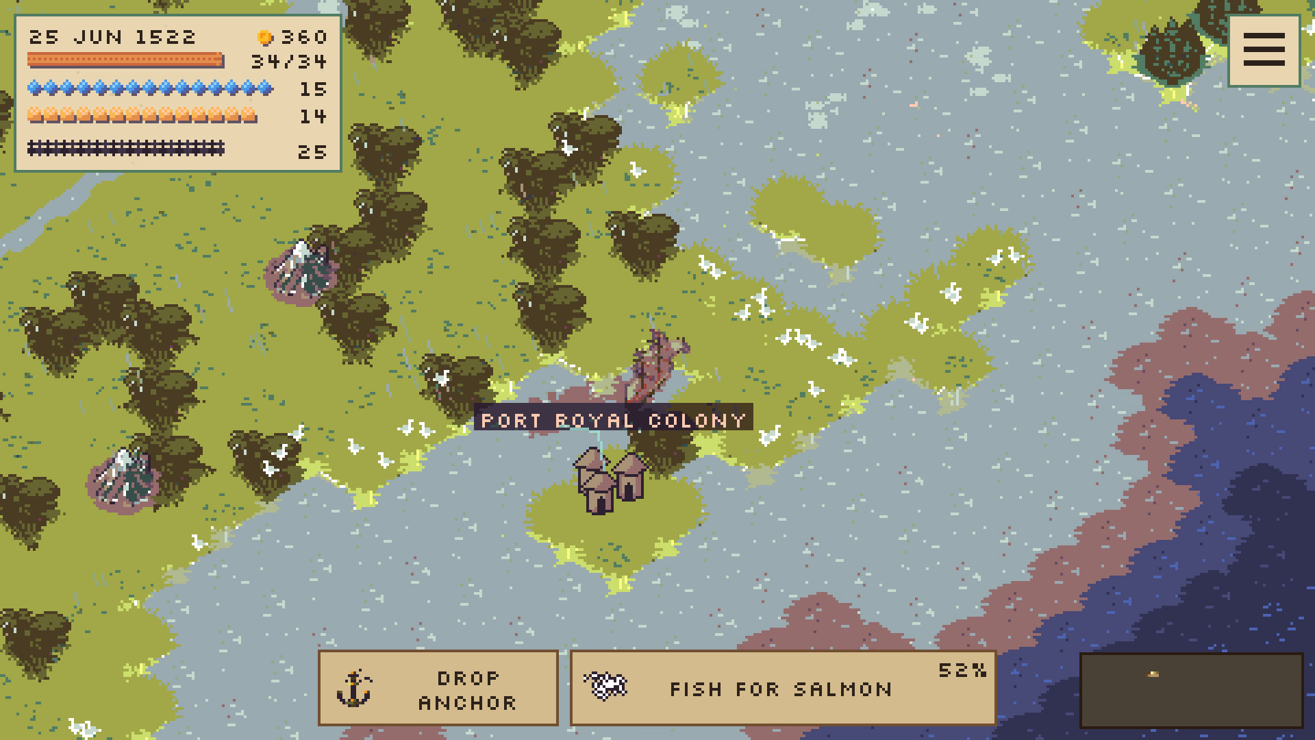 A newly founded colony at Port Royal appears on the globe.