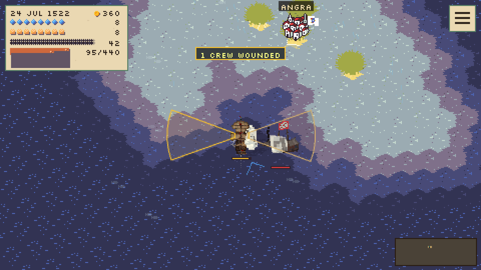 Carracks exchange cannon fire off Iberia with broadside arcs visible on the water. Interface language: English.