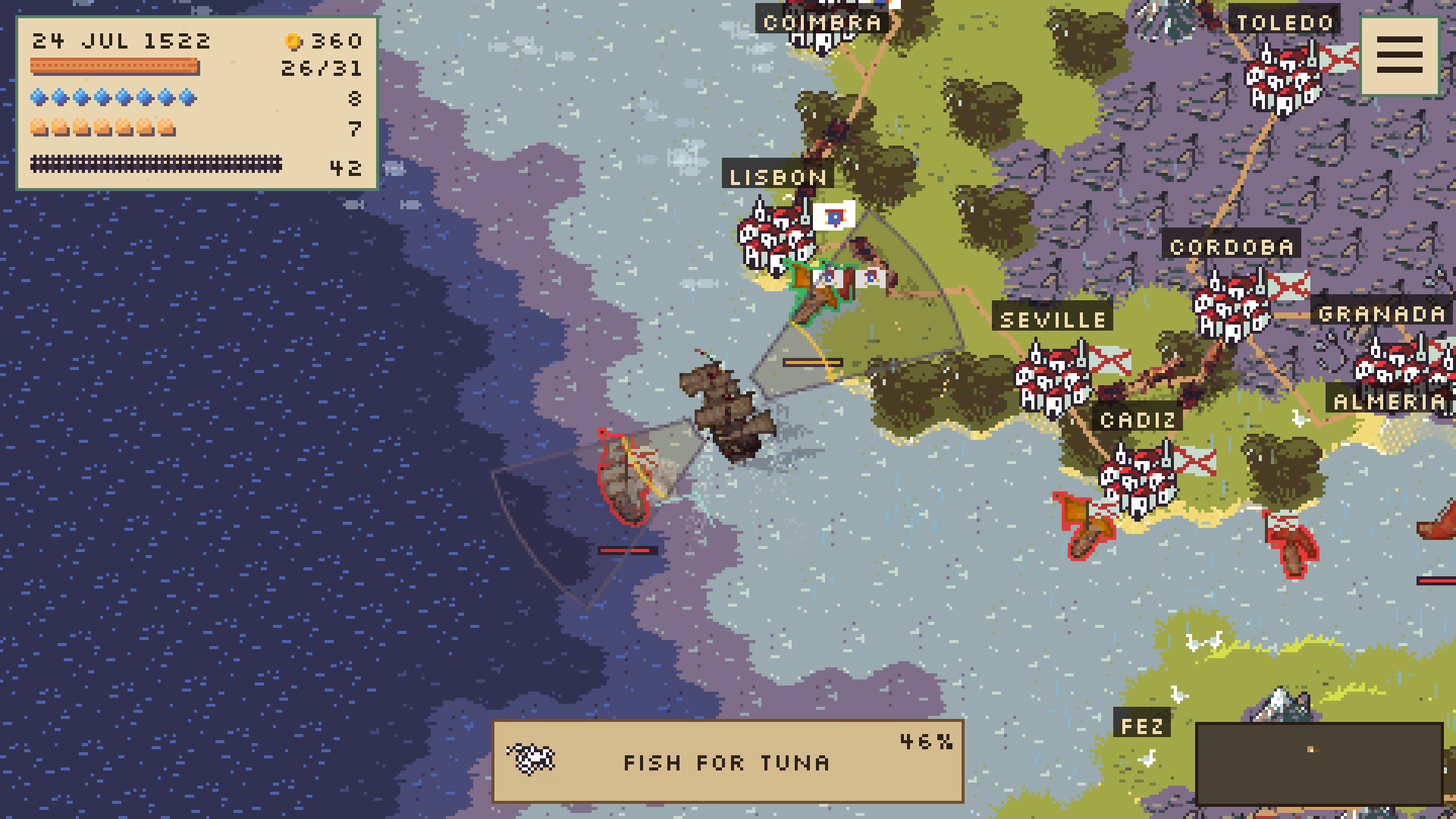 Several ships exchange cannon fire off the coast of Iberia.