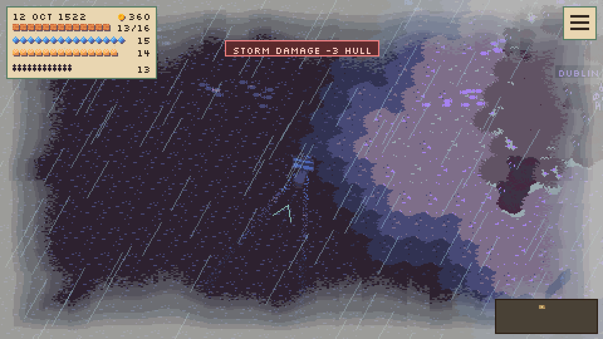 A small ship takes hull damage while sailing through a violent Atlantic storm.